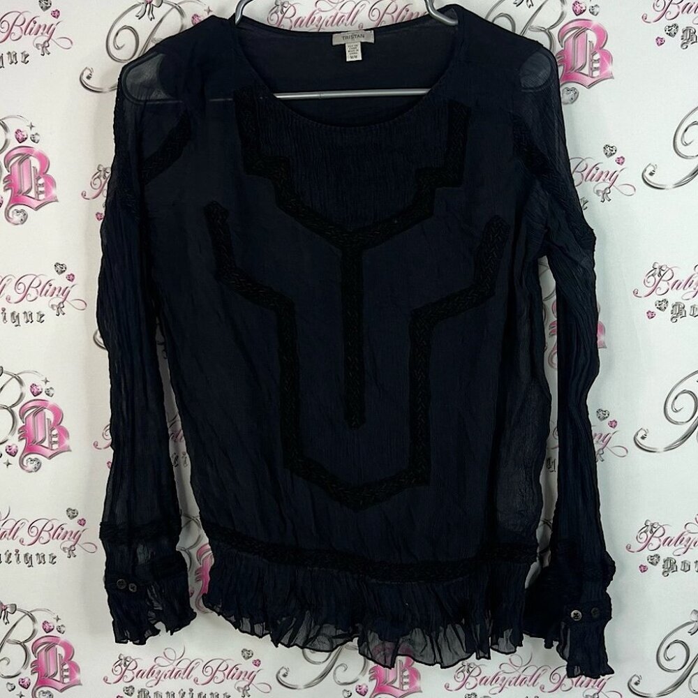 Tristan blouse ruffles bell bottom sleeve Black Sheer Blouse Textured Design